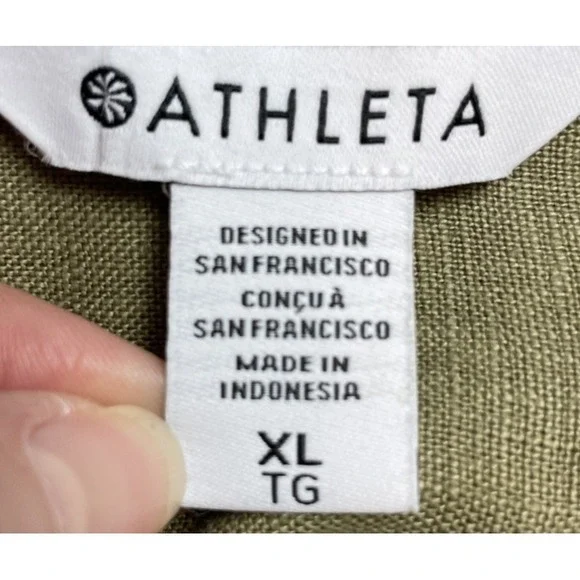 Athleta Womens Retreat 100% Linen Shirt Size XL Olive Green Button Short Sleeve - Picture 4 of 9